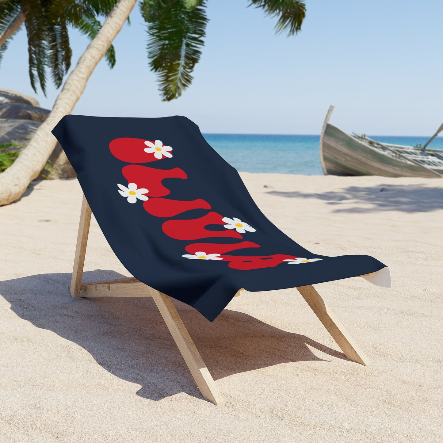 Personalized Name Floral Navy Daisy Beach Towel - Hunting Birthday Christmas Gift