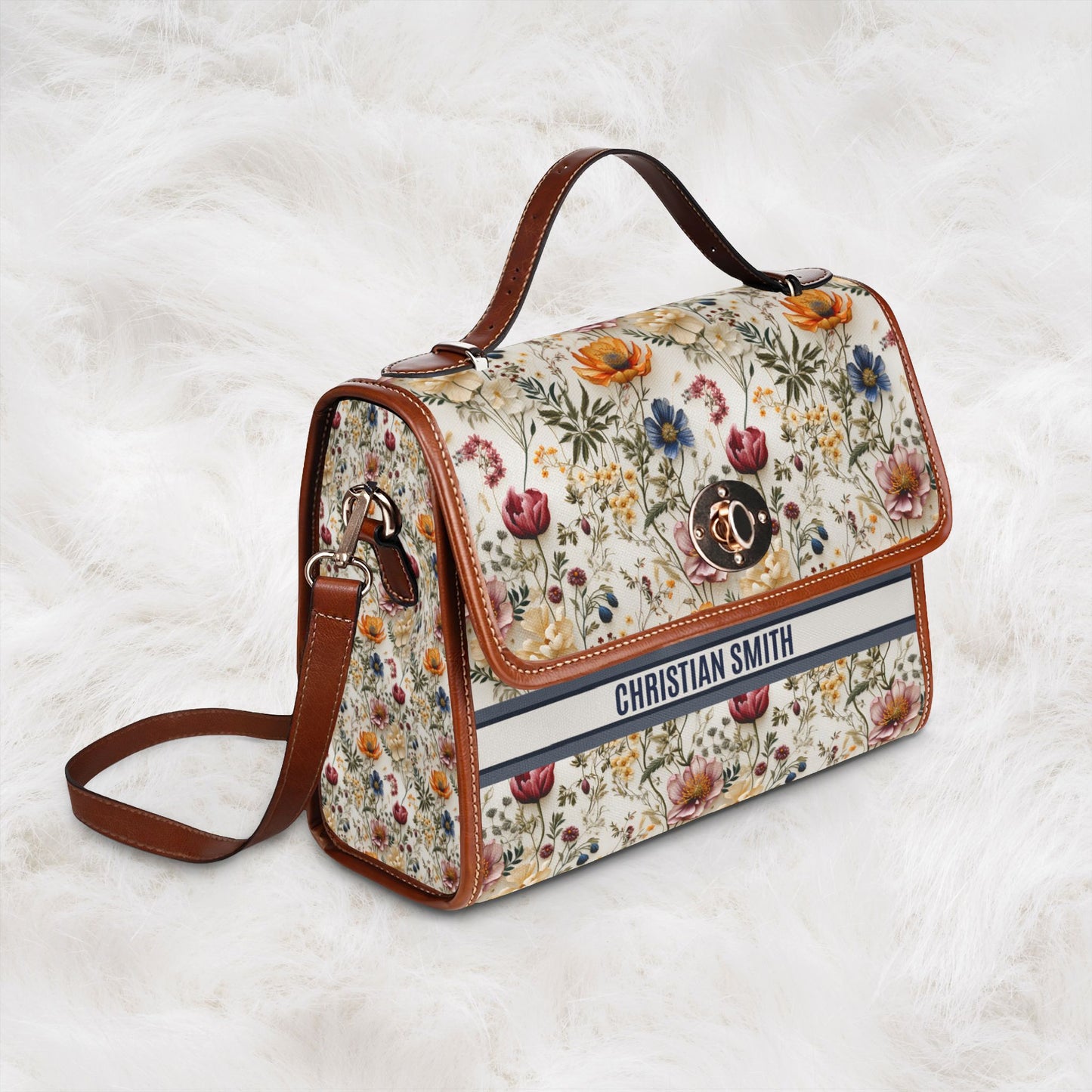 Personalized Name Waterproof Canvas Bag | Floral Flower Pattern Crossbody Shoulder Tote Handbag