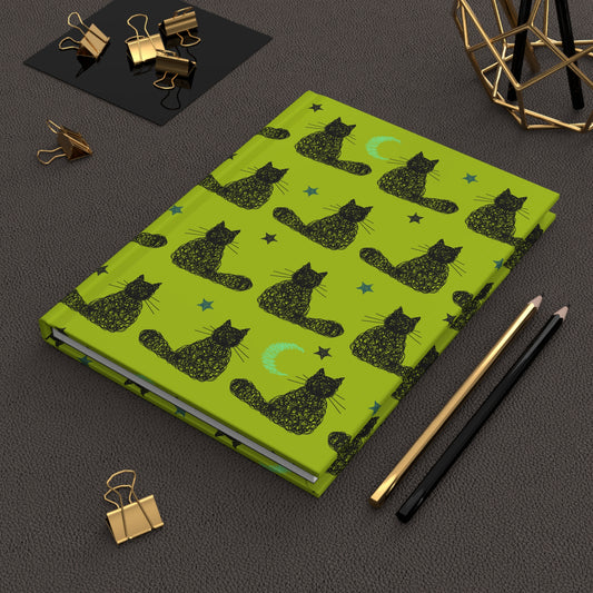 Cat Pattern Hardcover Journal | Green Moon & Stars Notebook