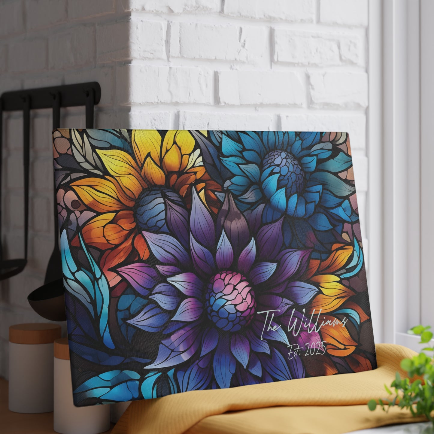 Personalized Floral Stained Art Glass Cutting Board | Luxury Gift Ideas Home Kitchen Decor