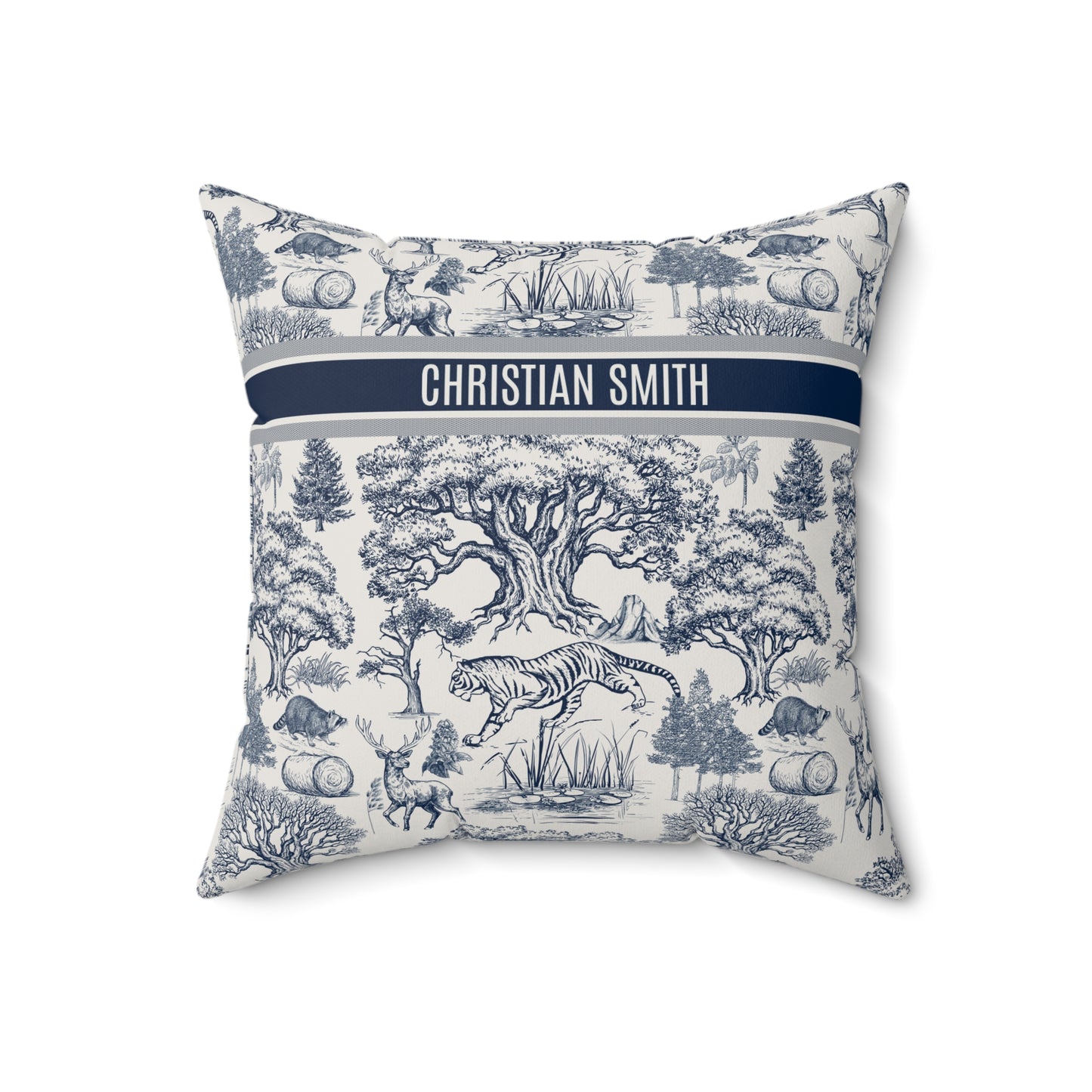 Personalized Name on Toile De Jouy Seamless Nature Landscape Pattern Spun Polyester Square Throw Pillow Version 1