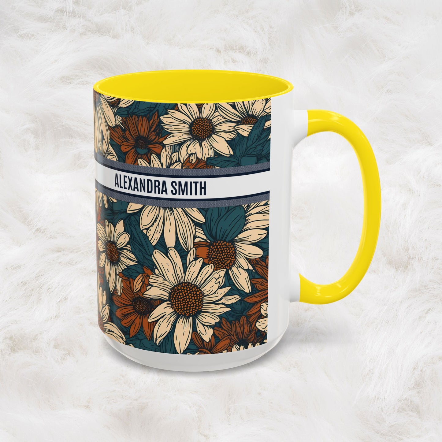Personalized Name Text Daisy Floral Luxury Vintage Toile De Jouy French Pattern Accent Coffee Tea Mug