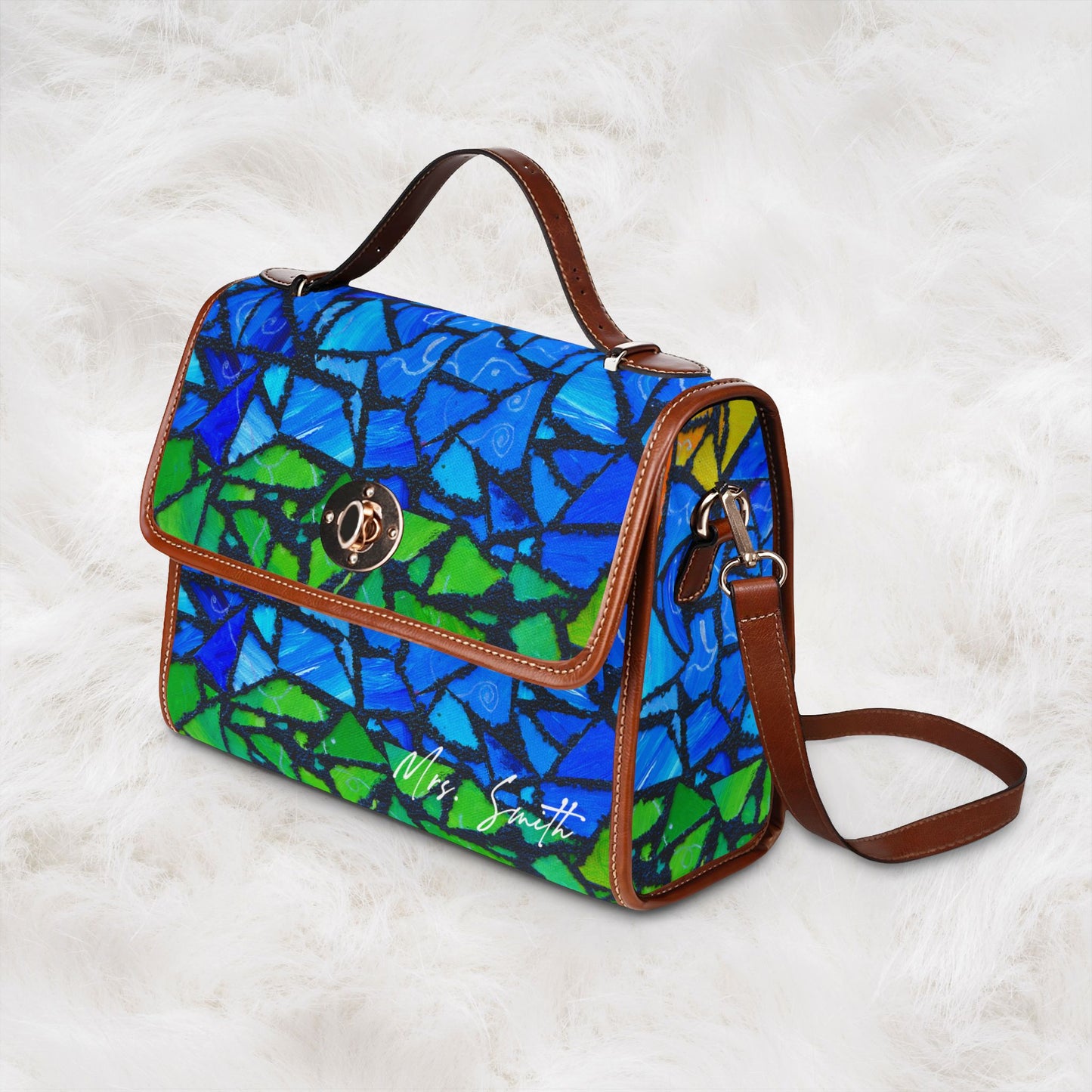 Personalized Name Waterproof Canvas Bag | Blue Green Mosaic Pattern Shoulder Tote Handbag