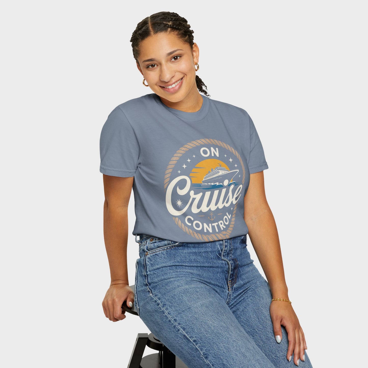 On Cruise Control T-Shirt | Nautical Rope Sunset Graphic Travel Vacation Tee
