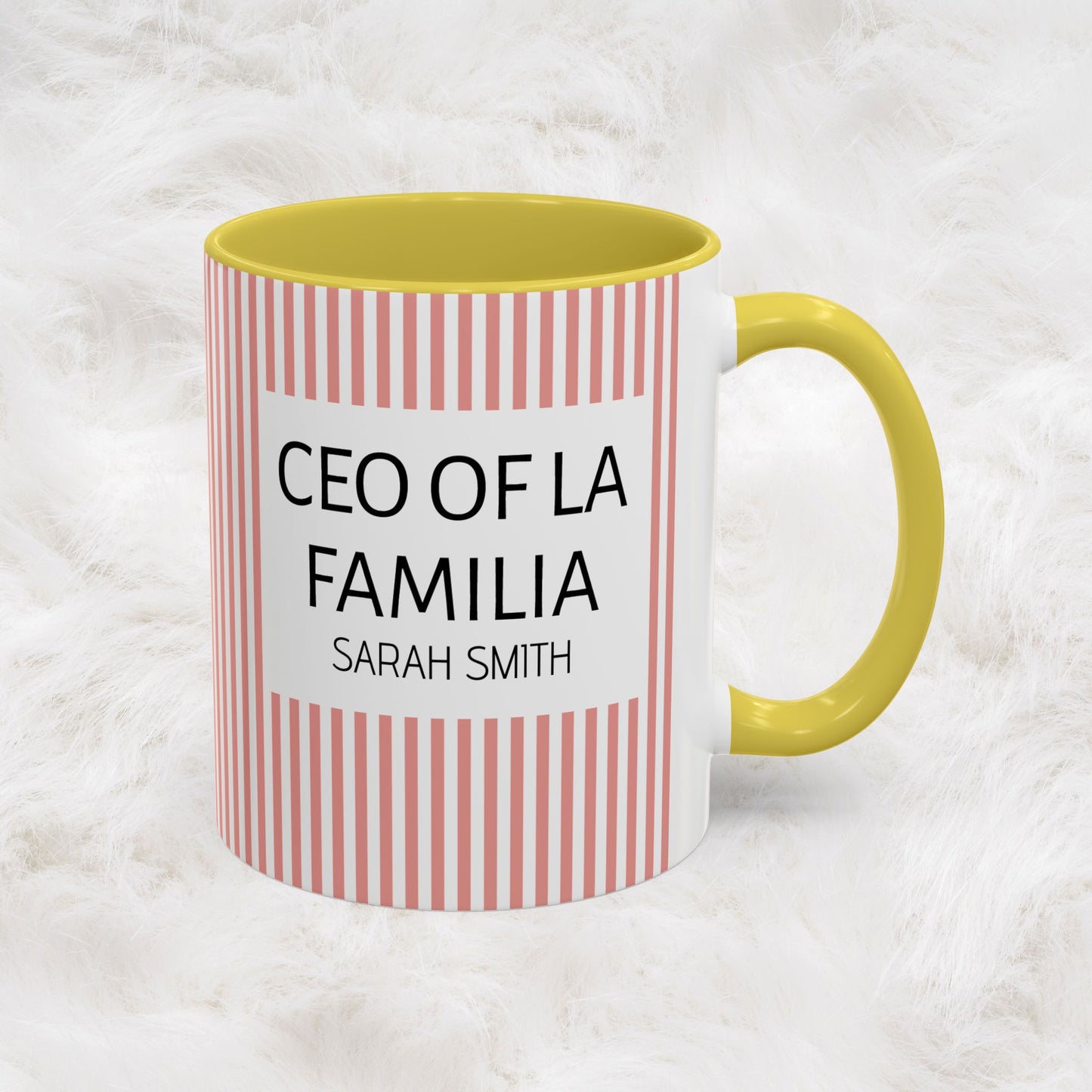 Personalized Name Pink Striped Coffee Tea Mug | Meaningful CEO of La Familia Gift for Mom, Wife, Women