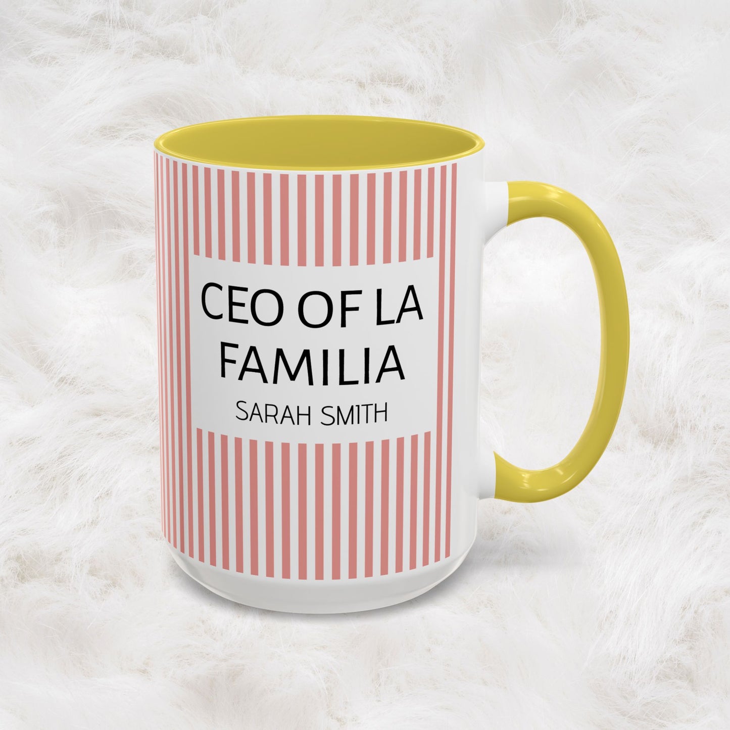 Personalized Name Pink Striped Coffee Tea Mug | Meaningful CEO of La Familia Gift for Mom, Wife, Women