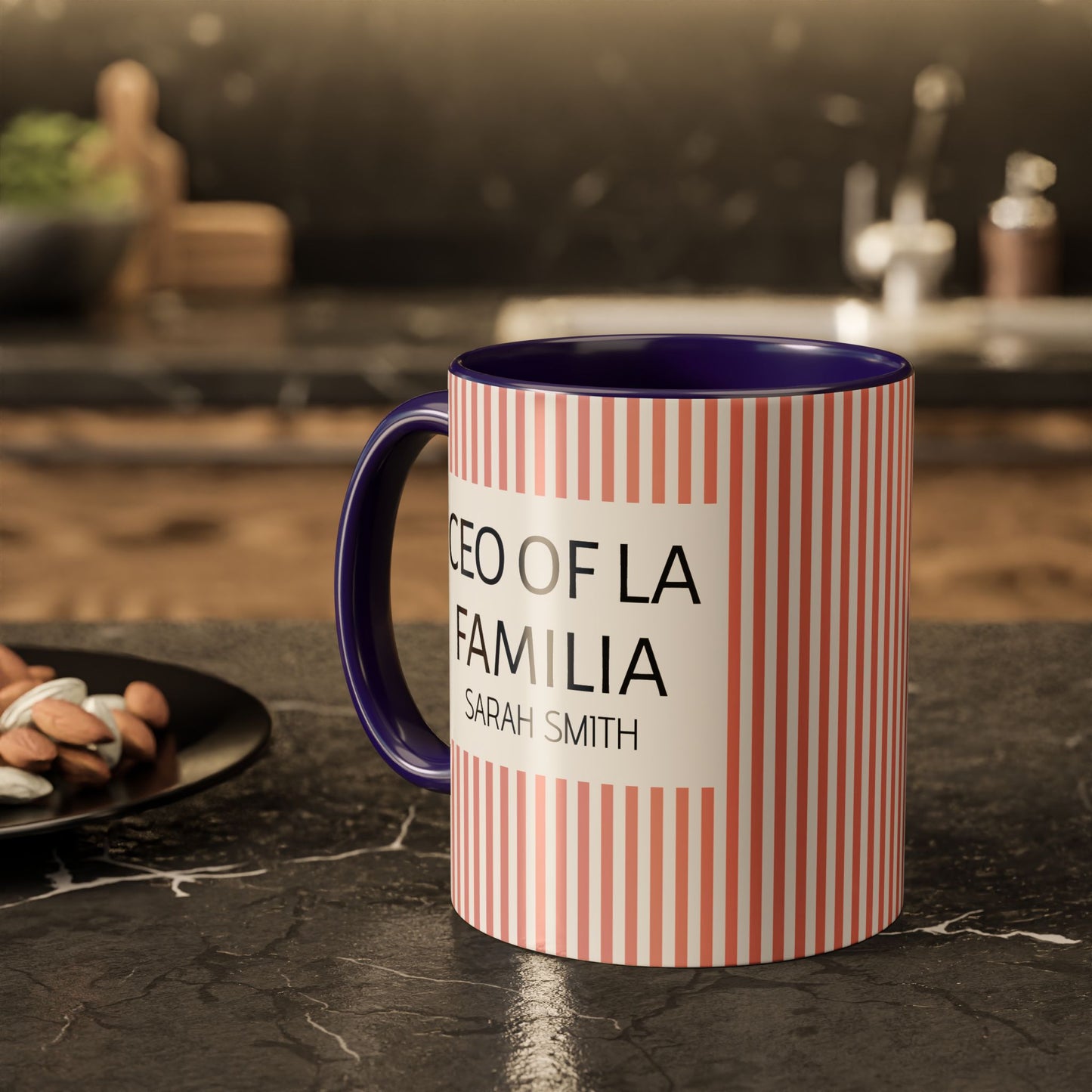 Personalized Name Pink Striped Coffee Tea Mug | Meaningful CEO of La Familia Gift for Mom, Wife, Women