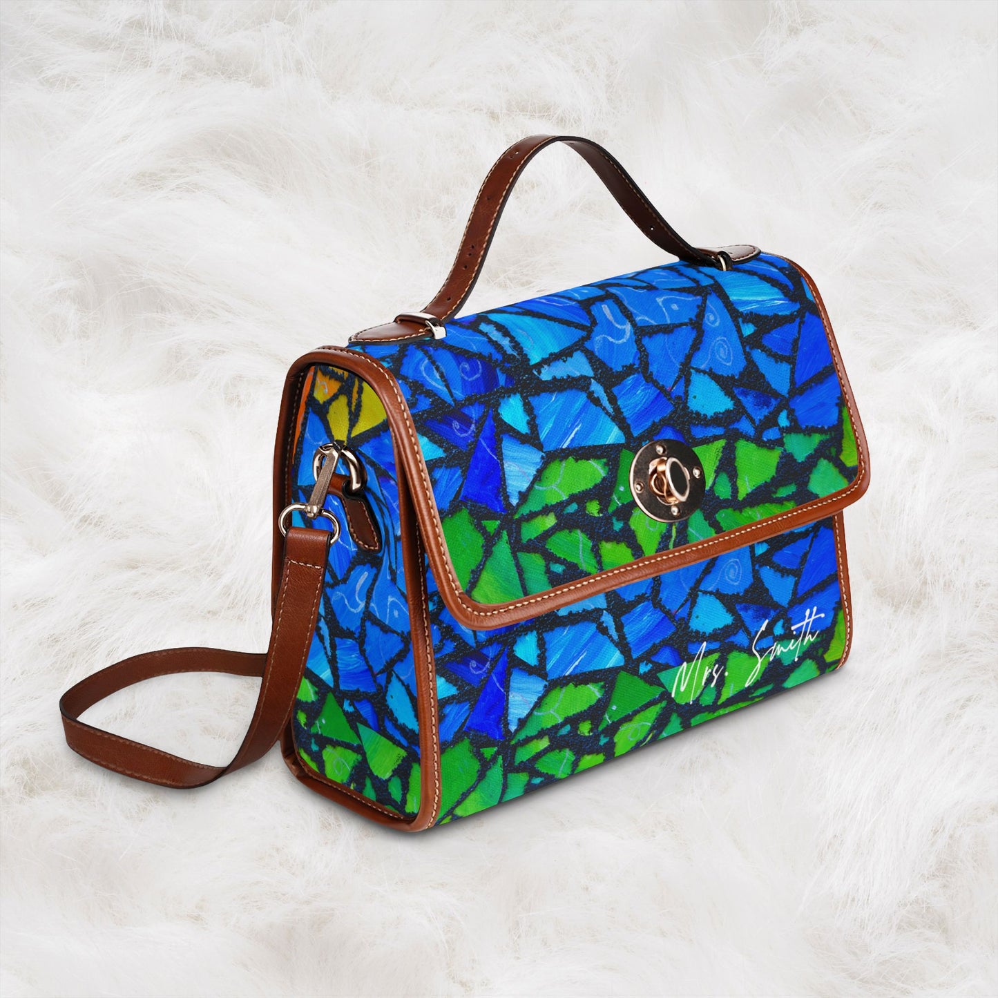 Personalized Name Waterproof Canvas Bag | Blue Green Mosaic Pattern Shoulder Tote Handbag