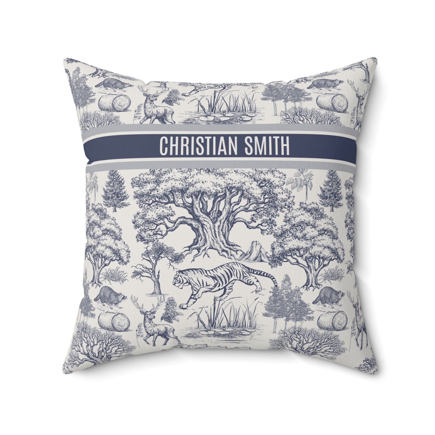 Decorative pillow with nature-themed design and personalized name on a white background
