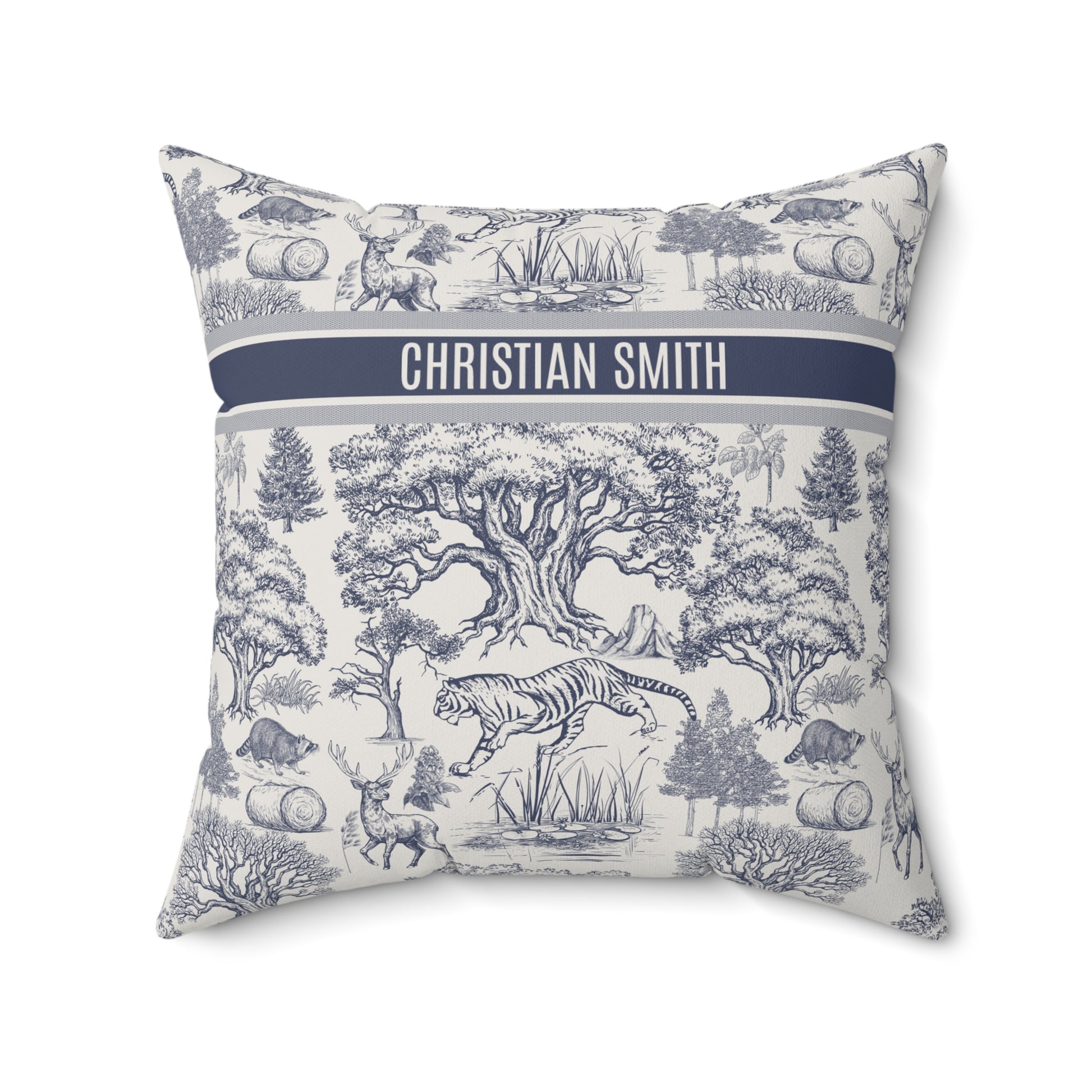 Decorative pillow with nature-themed design and personalized name on a white background