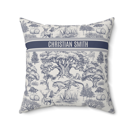 Decorative pillow with nature-themed design and personalized name on a white background