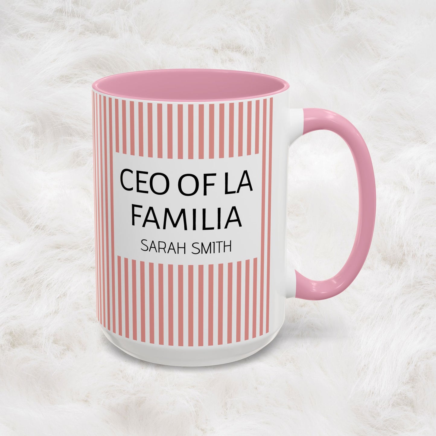 Personalized Name Pink Striped Coffee Tea Mug | Meaningful CEO of La Familia Gift for Mom, Wife, Women