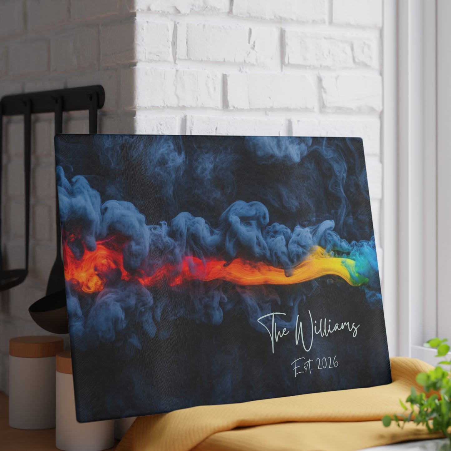 Personalized Custom Name & Established Date Rainbow Smoke Glass Cutting Board | Wedding, Anniversary, New House, Kitchen Decor Souvenir Gift