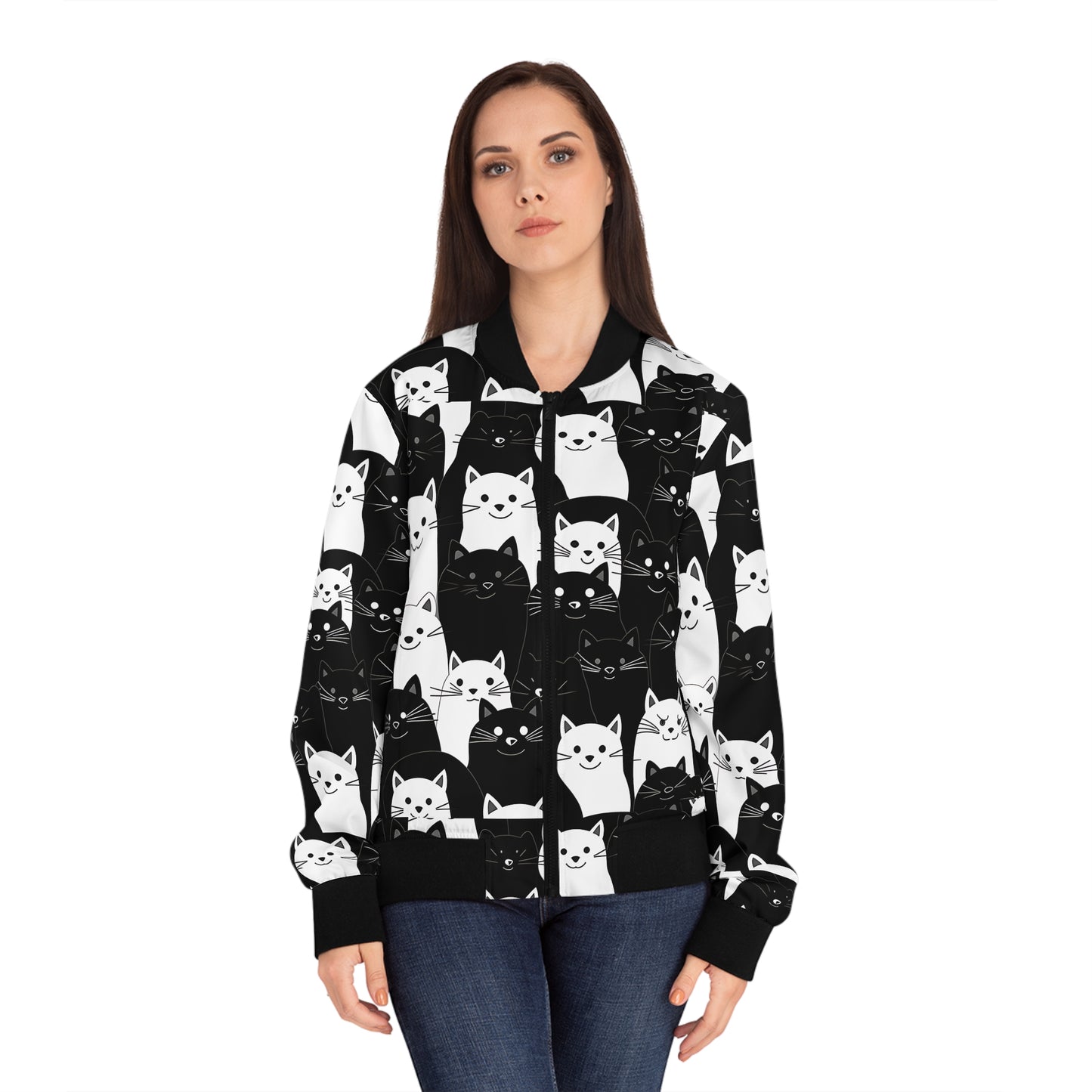 Cute Black & White Cat Pattern Bomber Jacket | Pet Lovers Gift Idea