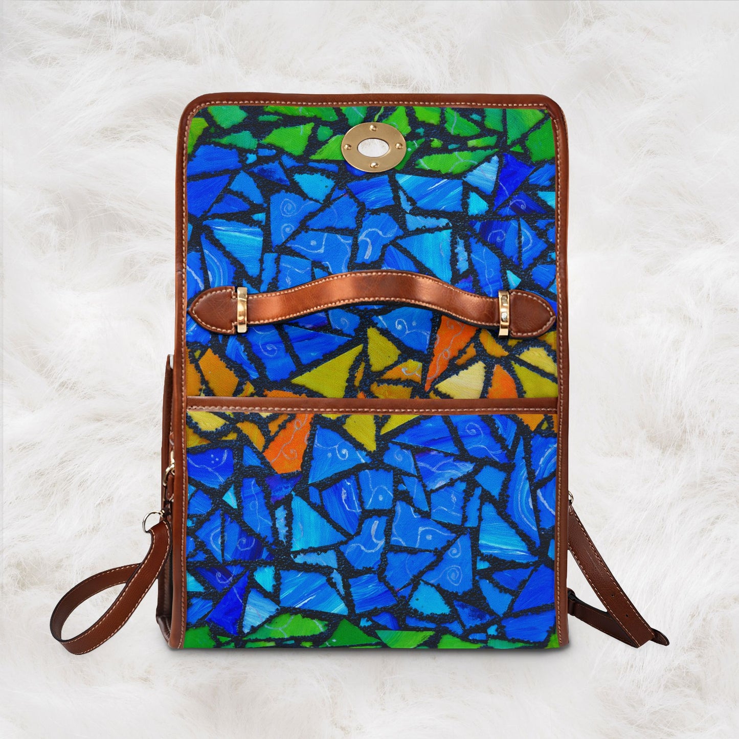 Personalized Name Waterproof Canvas Bag | Blue Green Mosaic Pattern Shoulder Tote Handbag