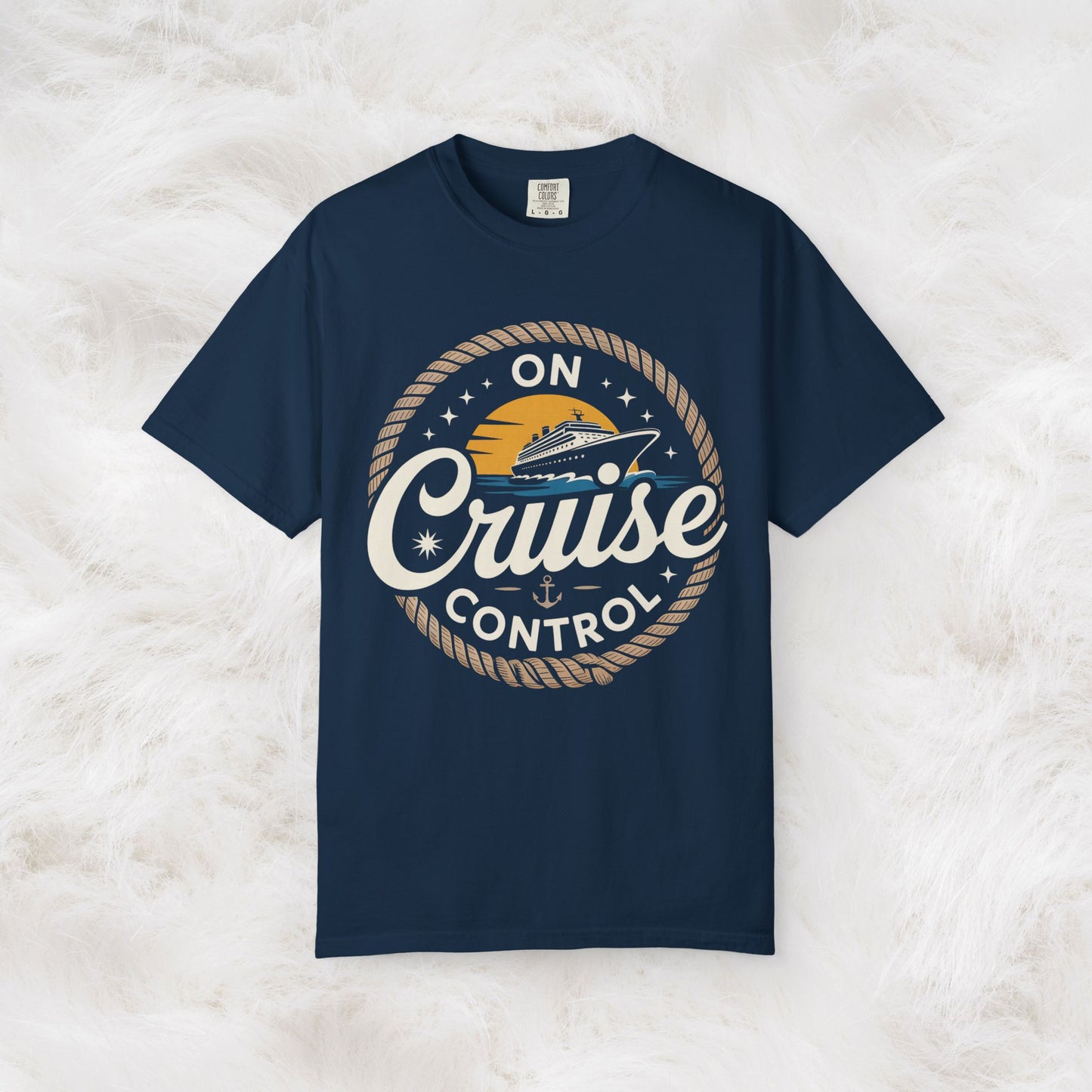 On Cruise Control T-Shirt | Nautical Rope Sunset Graphic Travel Vacation Tee