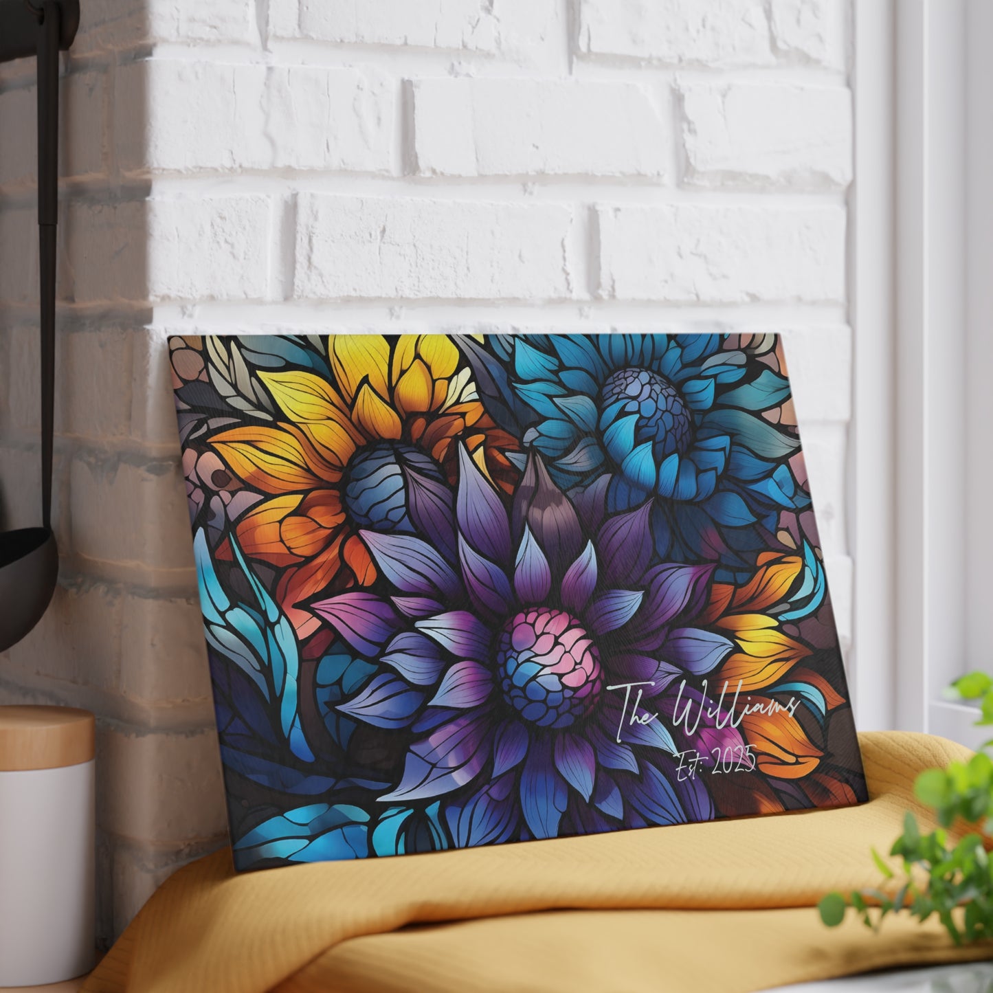 Personalized Floral Stained Art Glass Cutting Board | Luxury Gift Ideas Home Kitchen Decor