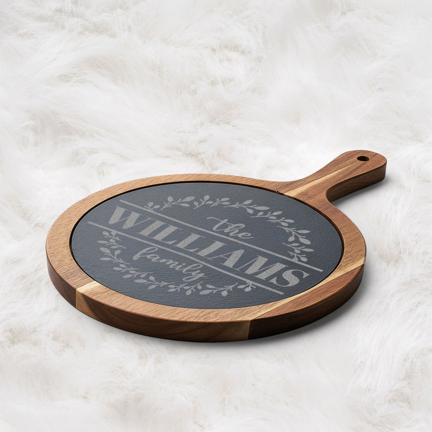 Personalized Engraved Charcuterie Board with Slate Insert — Custom Family Name Gift Idea
