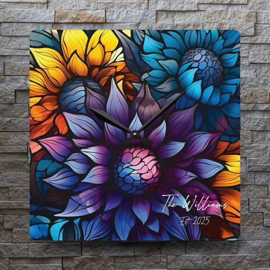 Personalized Colorful Floral Stained Art Acrylic Wall Clock | Home Decor Gift Ideas