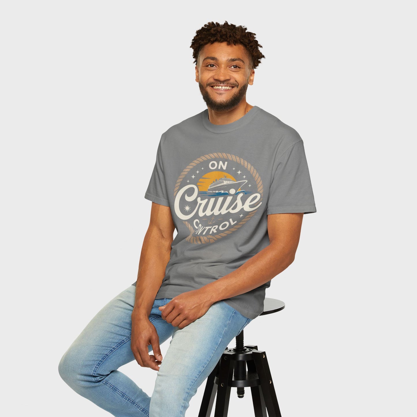 On Cruise Control T-Shirt | Nautical Rope Sunset Graphic Travel Vacation Tee
