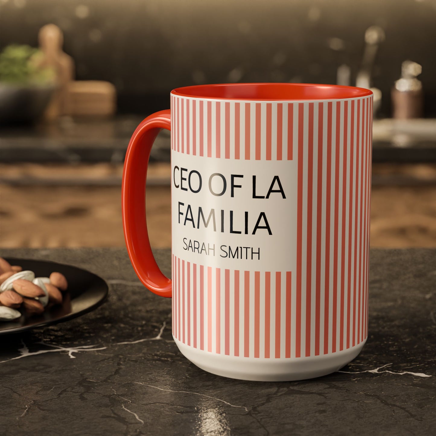 Personalized Name Pink Striped Coffee Tea Mug | Meaningful CEO of La Familia Gift for Mom, Wife, Women