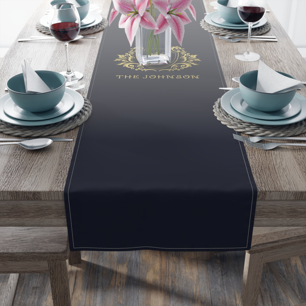 Personalized Family Name Luxury Royal Navy Gold Home DecorTable Runner
