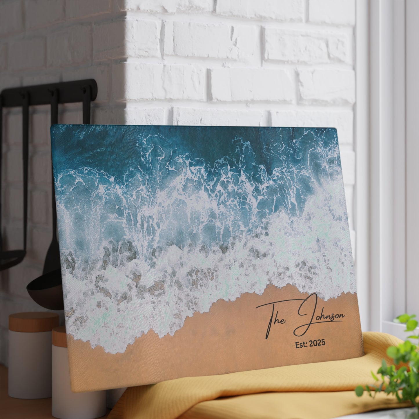 Personalized Ocean Beach Sand Glass Cutting Board Version 1 | Luxury Gift Ideas Home Kitchen Decor