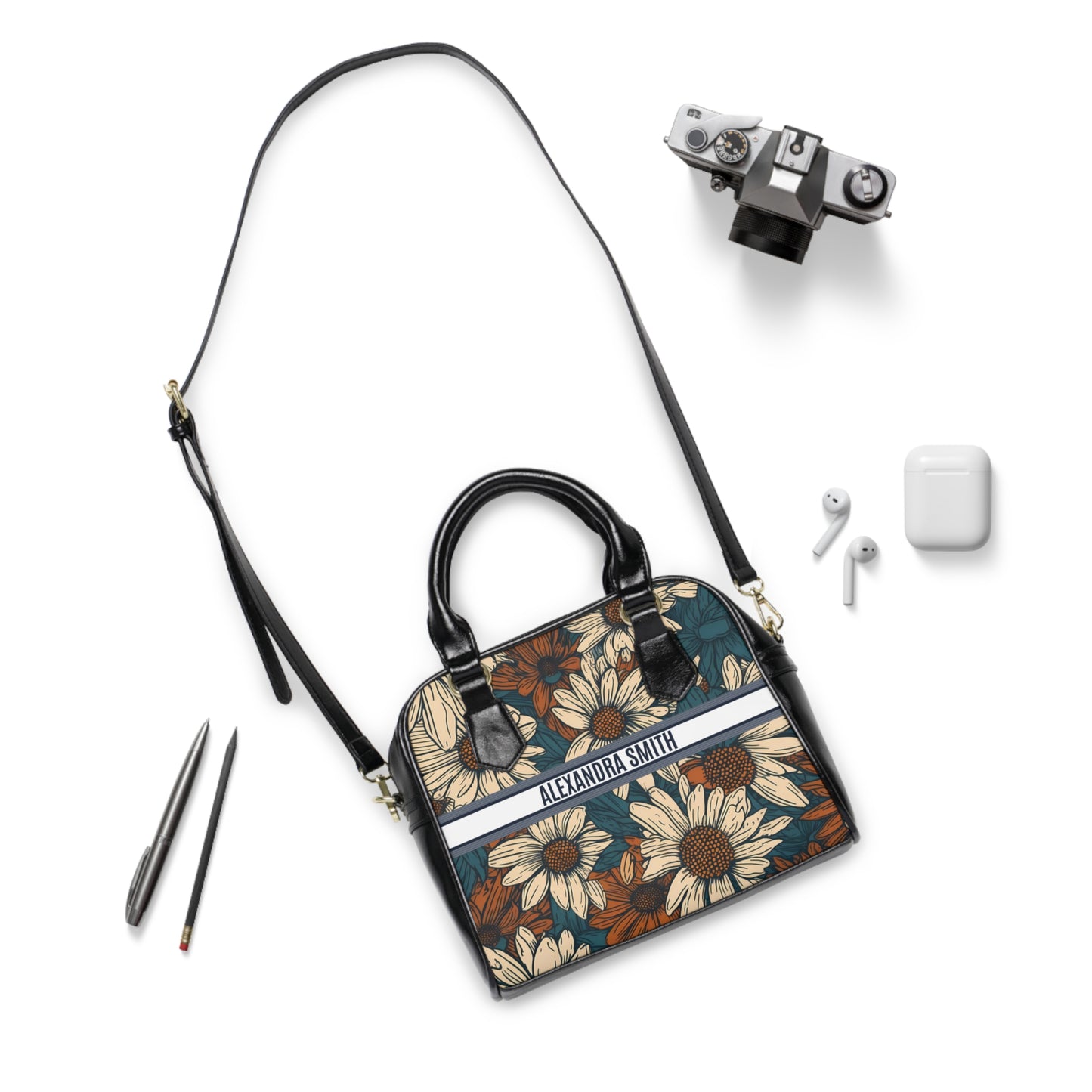 Personalized Name Text Daisy Floral Shoulder Handbag | Birthday Anniversary Christmas Travel Gift Ideas