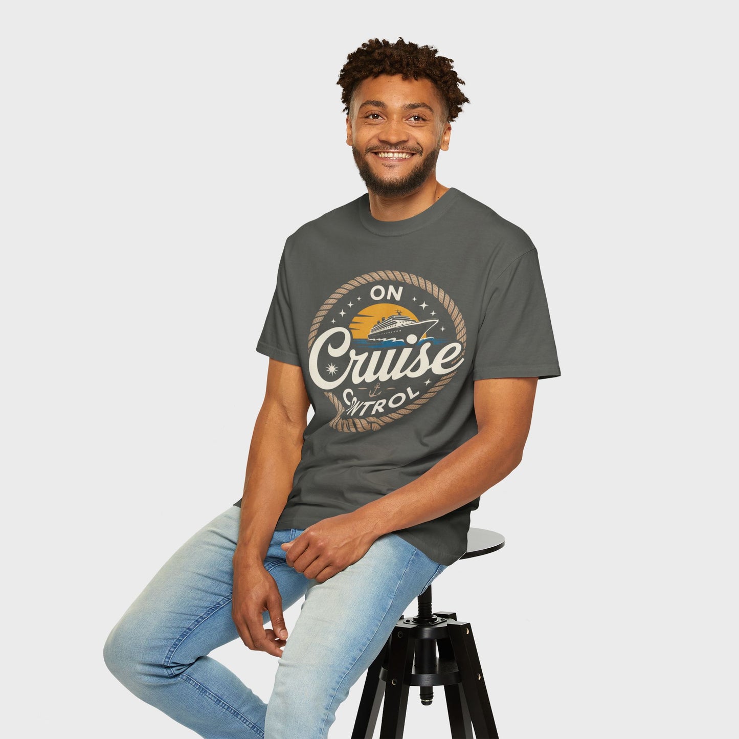 On Cruise Control T-Shirt | Nautical Rope Sunset Graphic Travel Vacation Tee