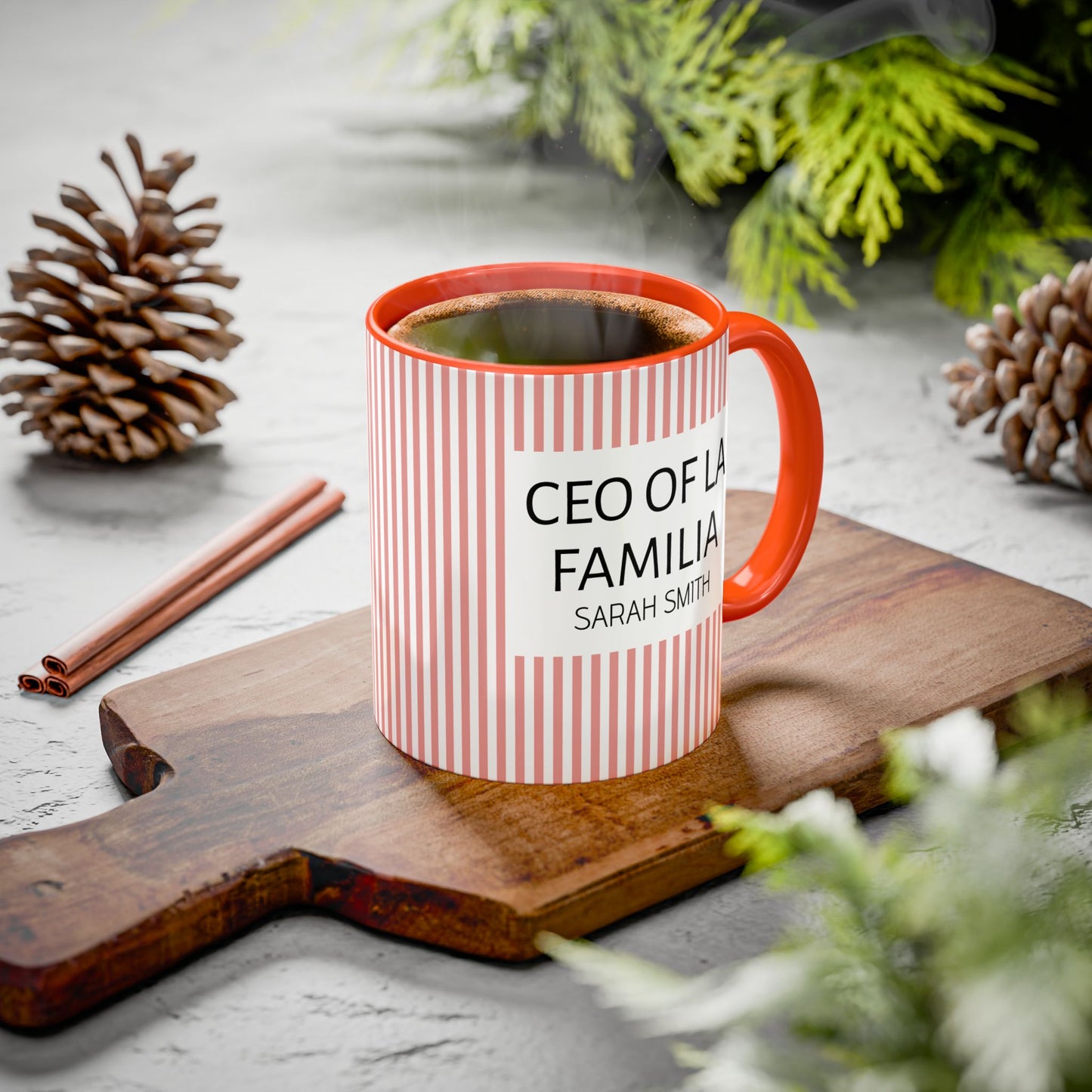 Personalized Name Pink Striped Coffee Tea Mug | Meaningful CEO of La Familia Gift for Mom, Wife, Women