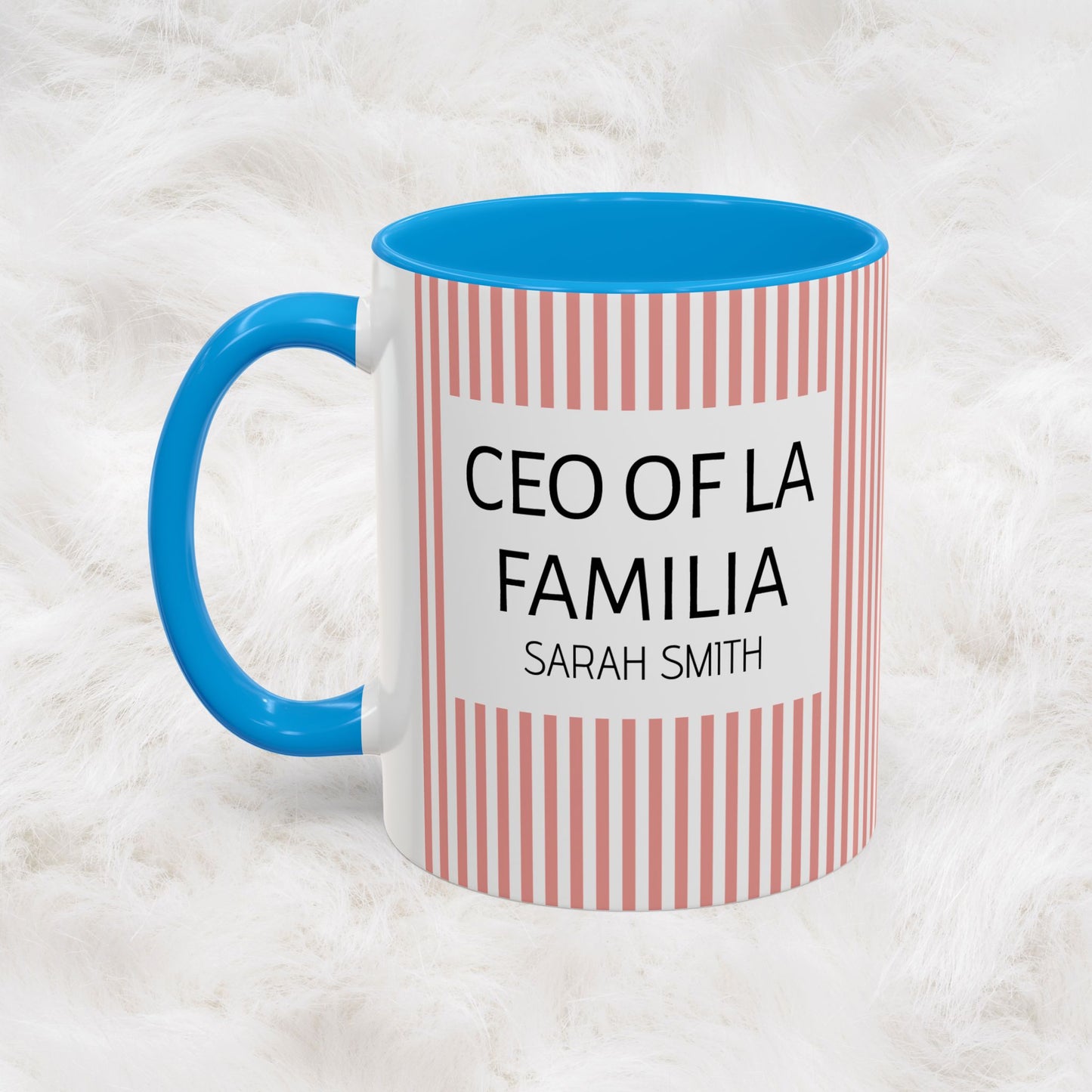 Personalized Name Pink Striped Coffee Tea Mug | Meaningful CEO of La Familia Gift for Mom, Wife, Women