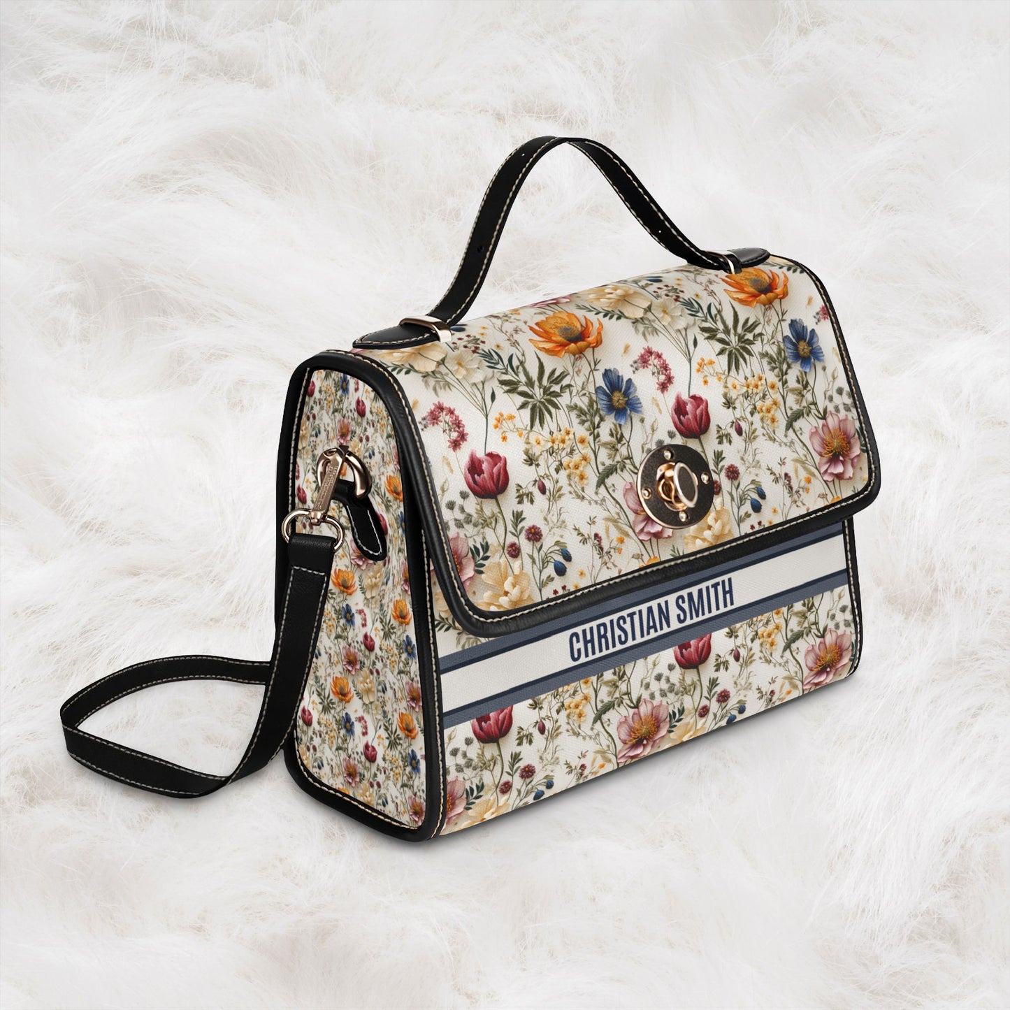 Personalized Name Waterproof Canvas Bag | Floral Flower Pattern Crossbody Shoulder Tote Handbag