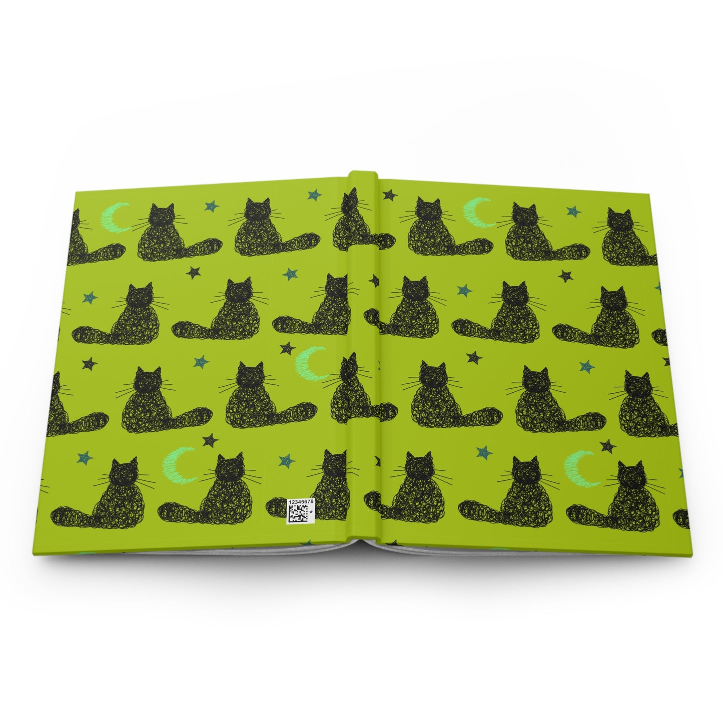 Cat Pattern Hardcover Journal | Green Moon & Stars Notebook