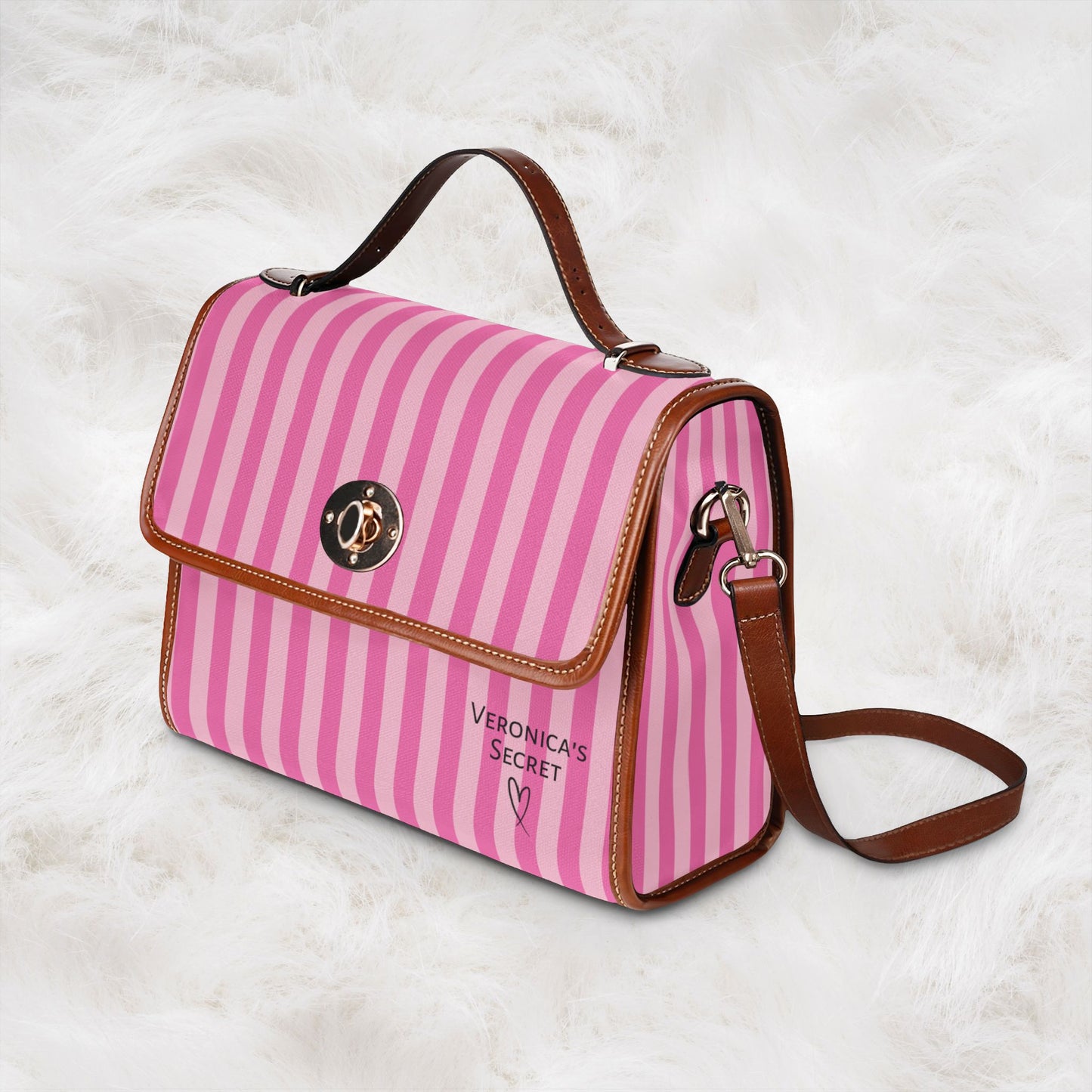 Personalized Name Waterproof Canvas Bag | Pink Stripe Crossbody Shoulder Tote Handbag