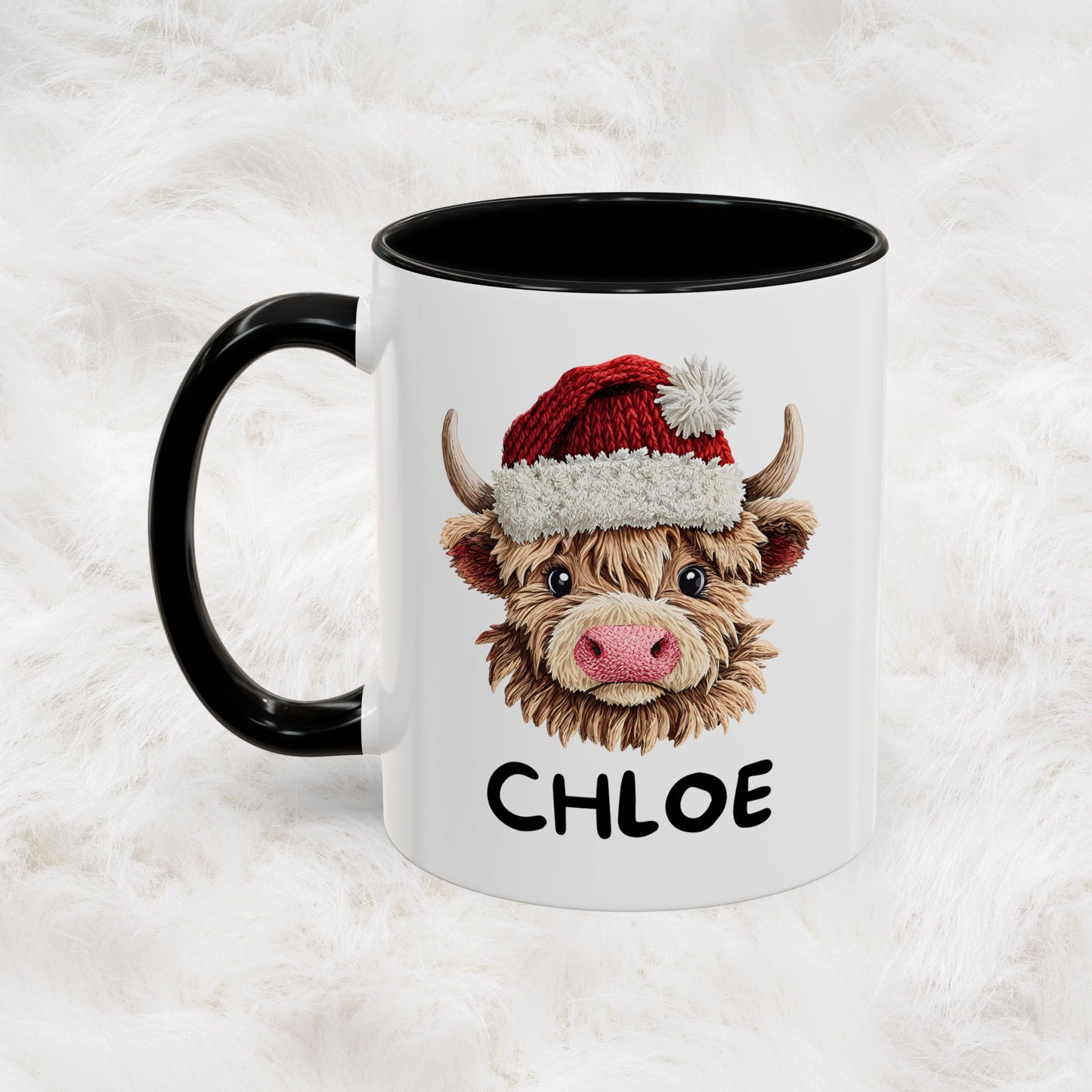 Personalized Name Cute Printed Crochet Yarn Christmas Highland Cow Mug | Hunting Holiday Gift
