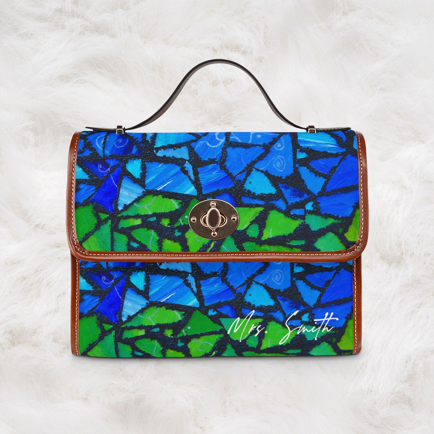Personalized Name Waterproof Canvas Bag | Blue Green Mosaic Pattern Shoulder Tote Handbag