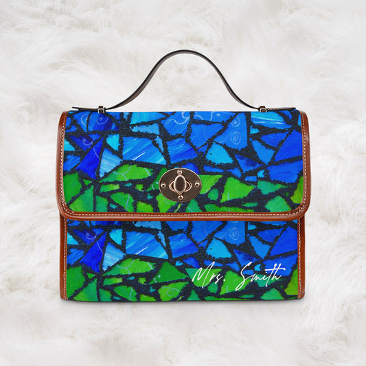 Personalized Name Waterproof Canvas Bag | Blue Green Mosaic Pattern Shoulder Tote Handbag