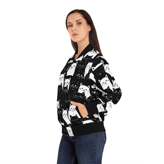 Cute Black & White Cat Pattern Bomber Jacket | Pet Lovers Gift Idea