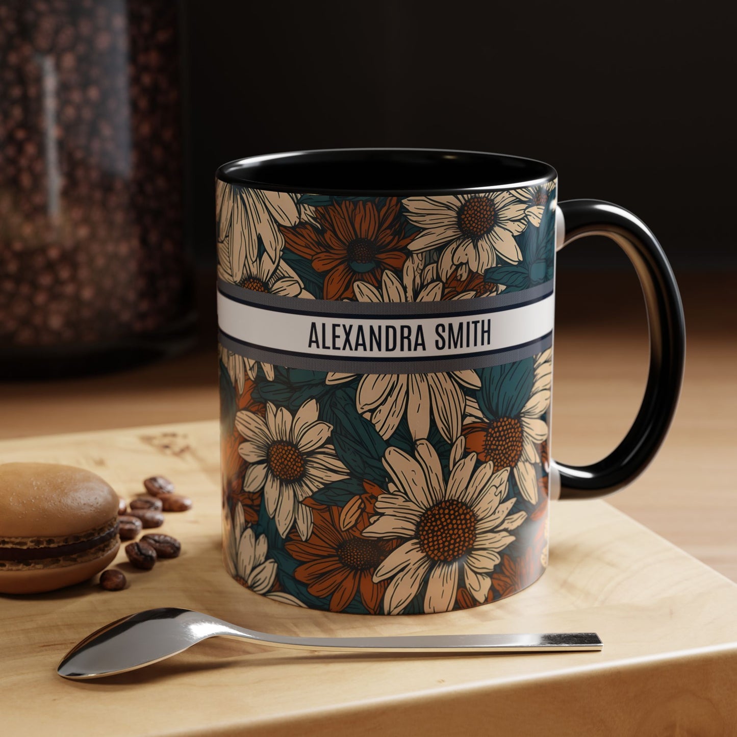 Personalized Name Text Daisy Floral Luxury Vintage Toile De Jouy French Pattern Accent Coffee Tea Mug