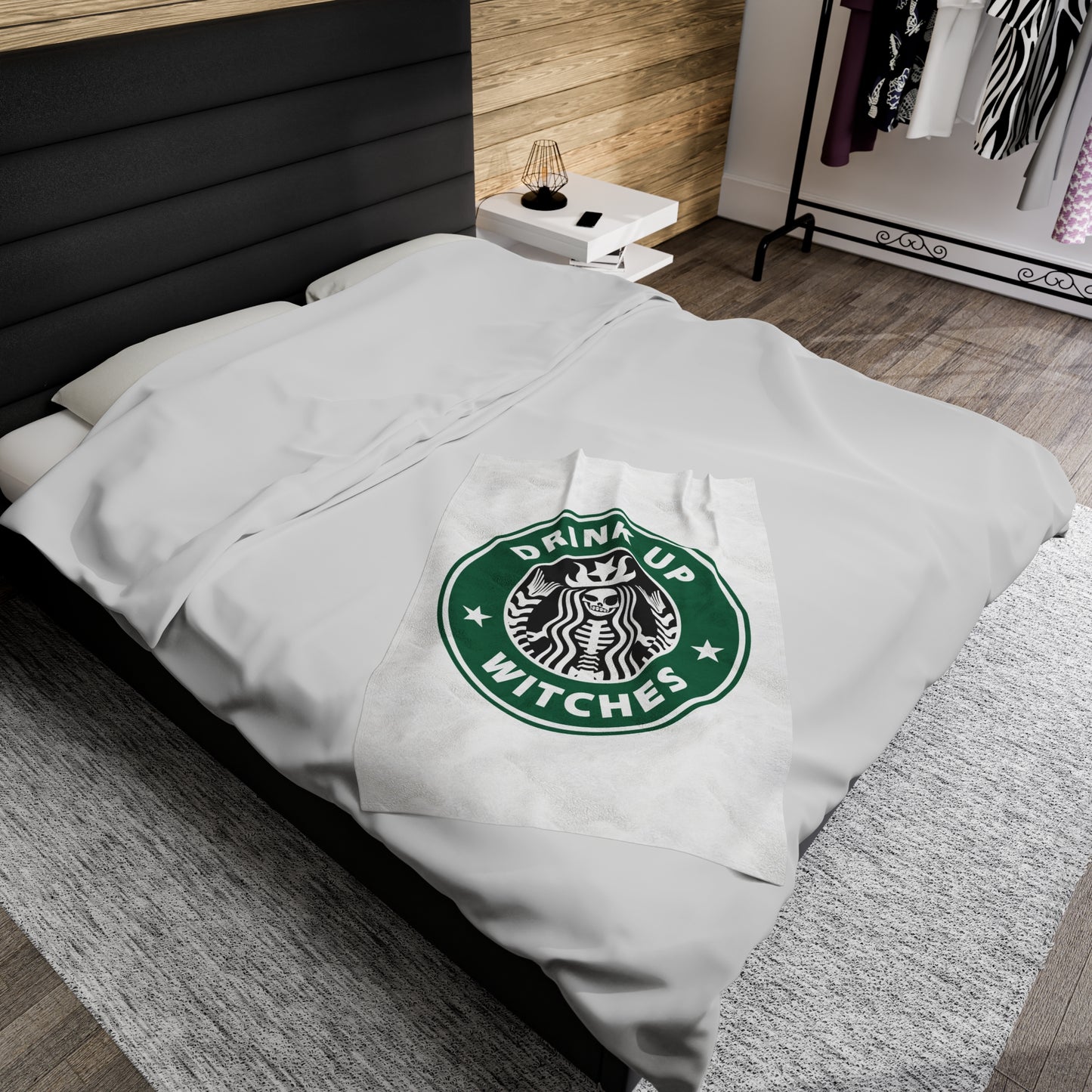 Funny Cozy Sofa Velveteen Plush Blanket Drink up Witches Skeleton Starbucks Fan