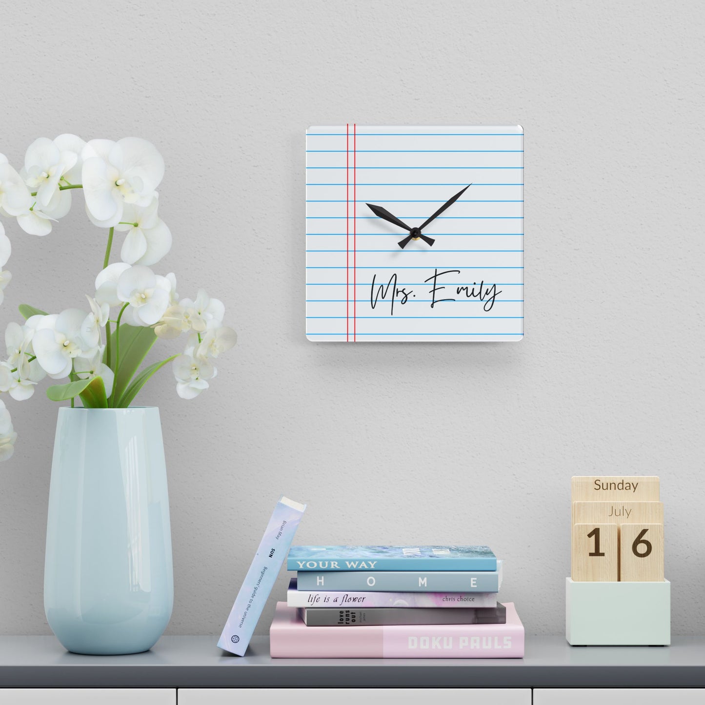 Personalized Name College Ruled Lined Acrylic Wall Clock | College Student Teacher Souvenir Home Decor Gift Idea