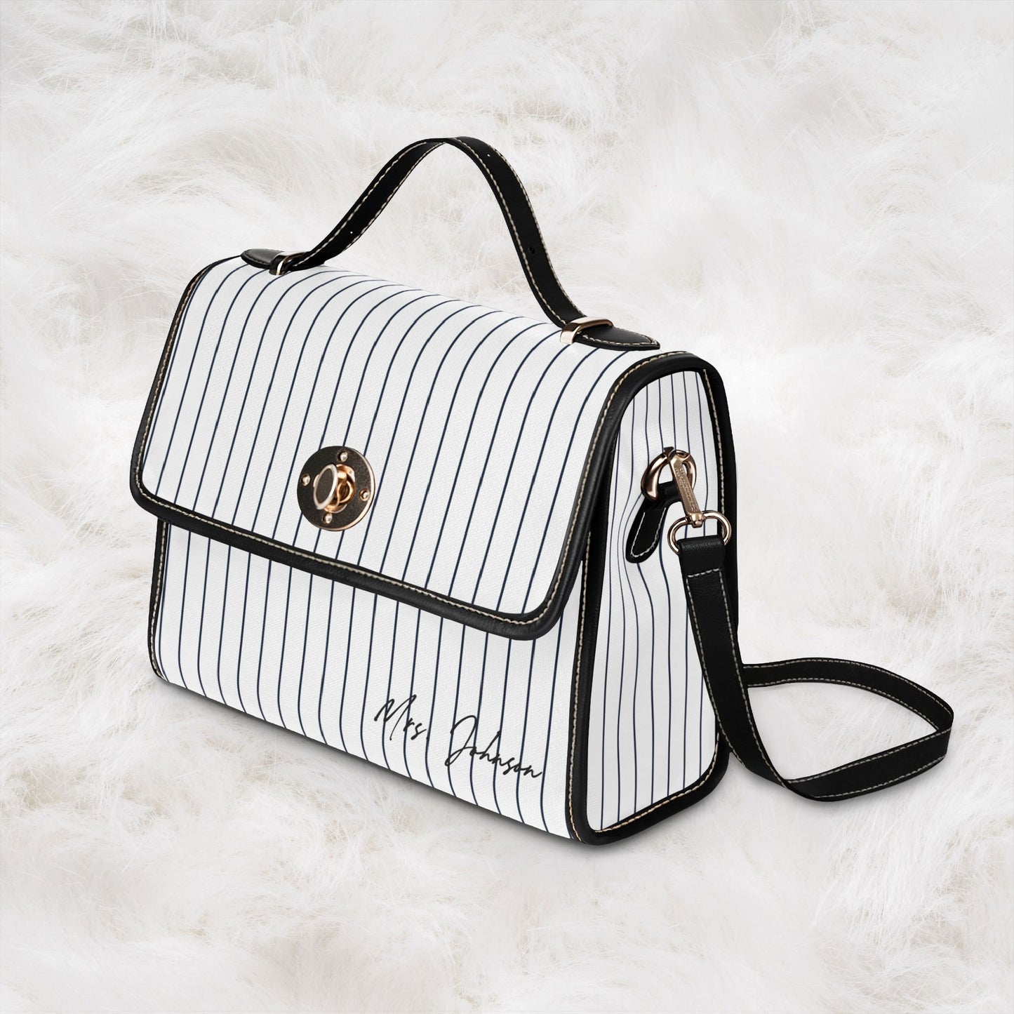 Personalized Name Waterproof Canvas Bag | Classic Navy Pinstripe Crossbody Shoulder Tote Handbag