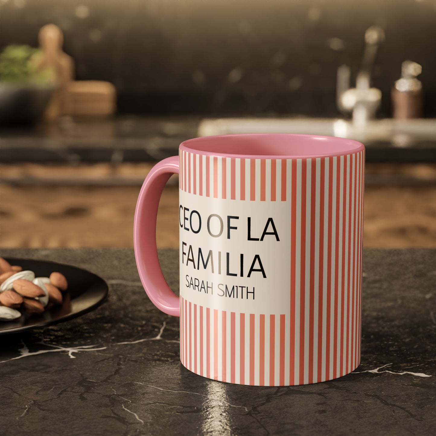 Personalized Name Pink Striped Coffee Tea Mug | Meaningful CEO of La Familia Gift for Mom, Wife, Women