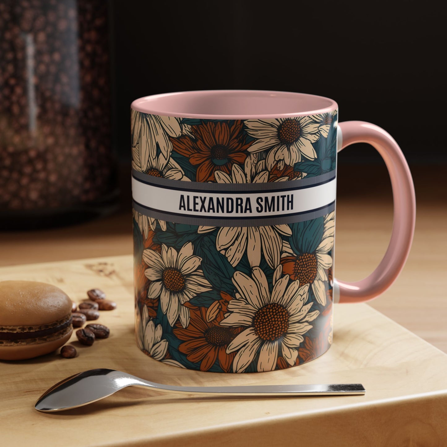 Personalized Name Text Daisy Floral Luxury Vintage Toile De Jouy French Pattern Accent Coffee Tea Mug