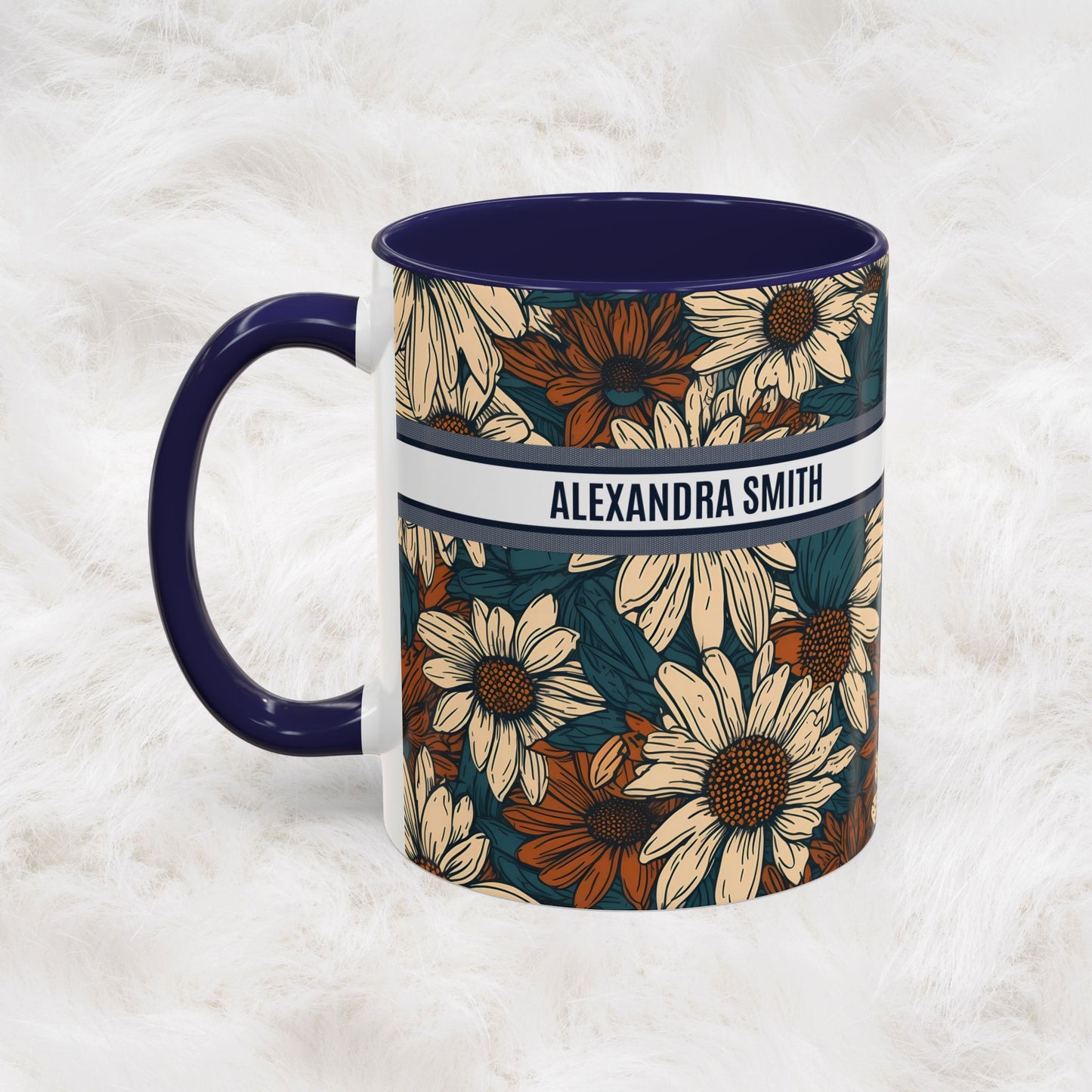 Personalized Name Text Daisy Floral Luxury Vintage Toile De Jouy French Pattern Accent Coffee Tea Mug