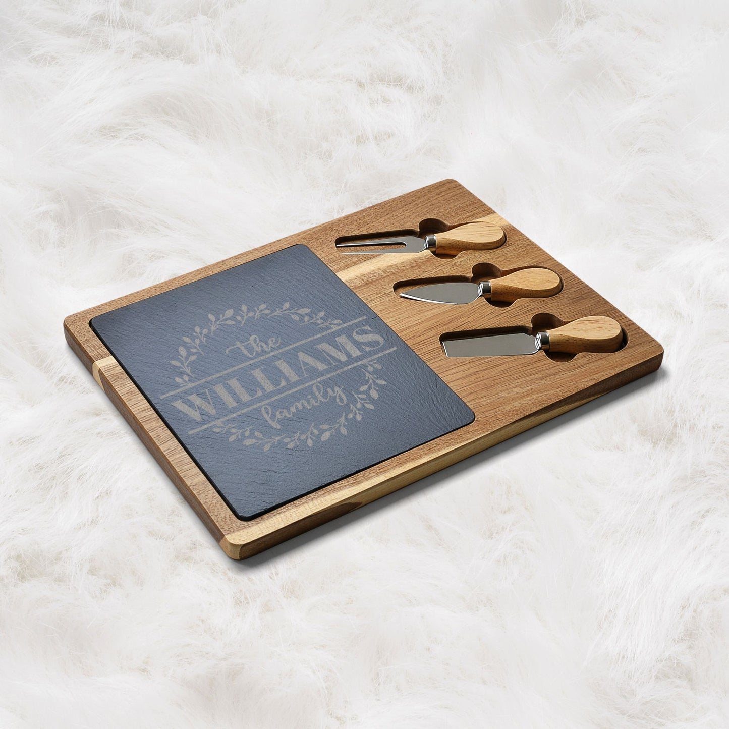 Personalized Engraved Charcuterie Board with Slate Insert — Custom Family Name Gift Idea