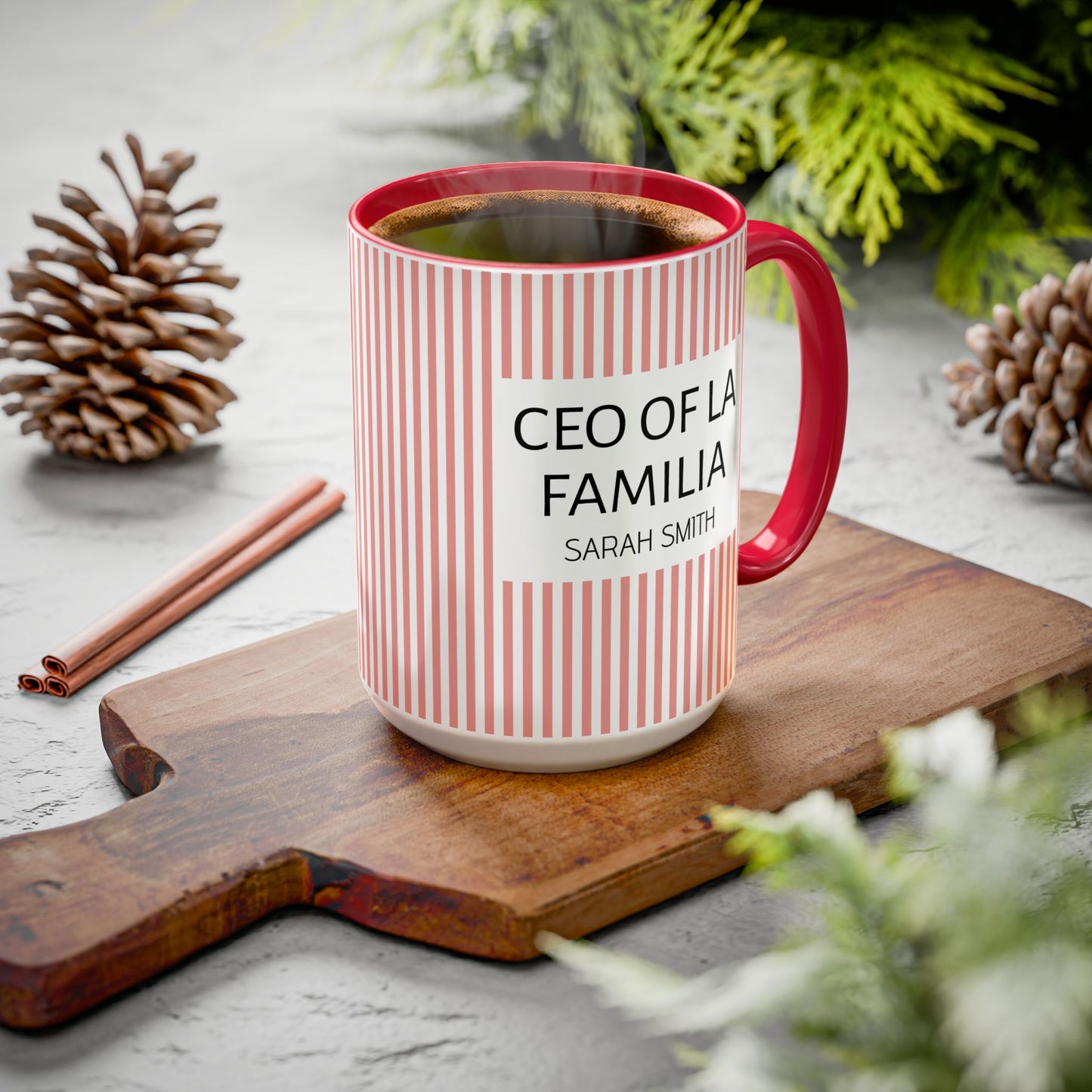 Personalized Name Pink Striped Coffee Tea Mug | Meaningful CEO of La Familia Gift for Mom, Wife, Women