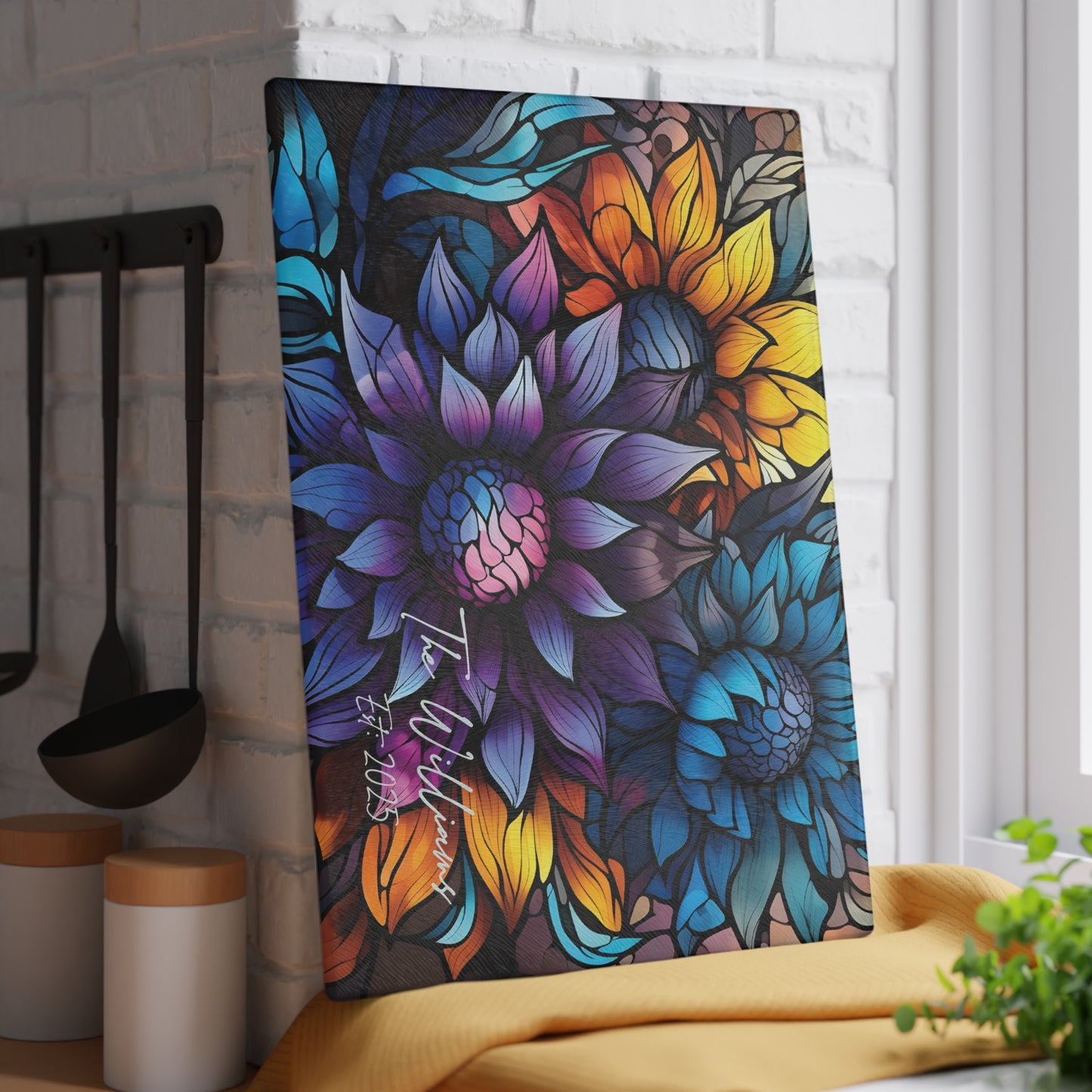 Personalized Floral Stained Art Glass Cutting Board | Luxury Gift Ideas Home Kitchen Decor