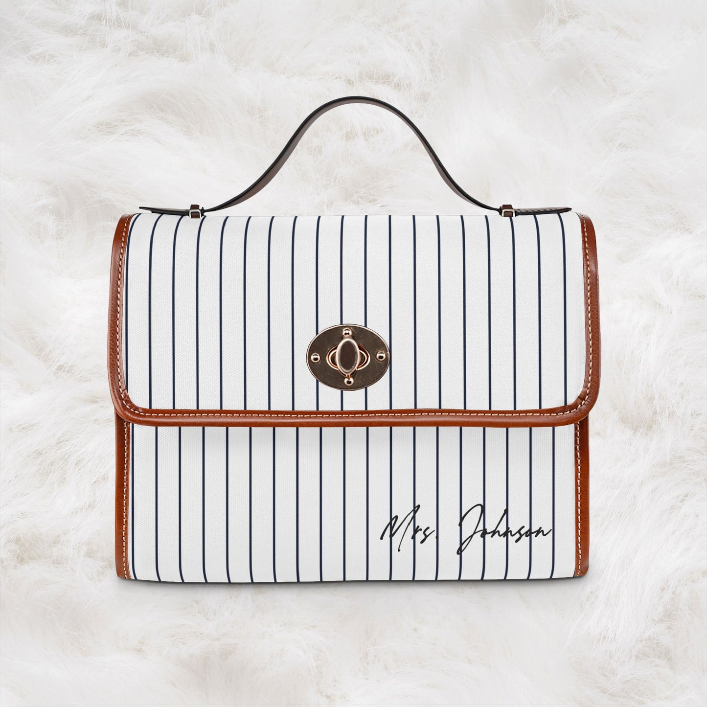 Personalized Name Waterproof Canvas Bag | Classic Navy Pinstripe Crossbody Shoulder Tote Handbag