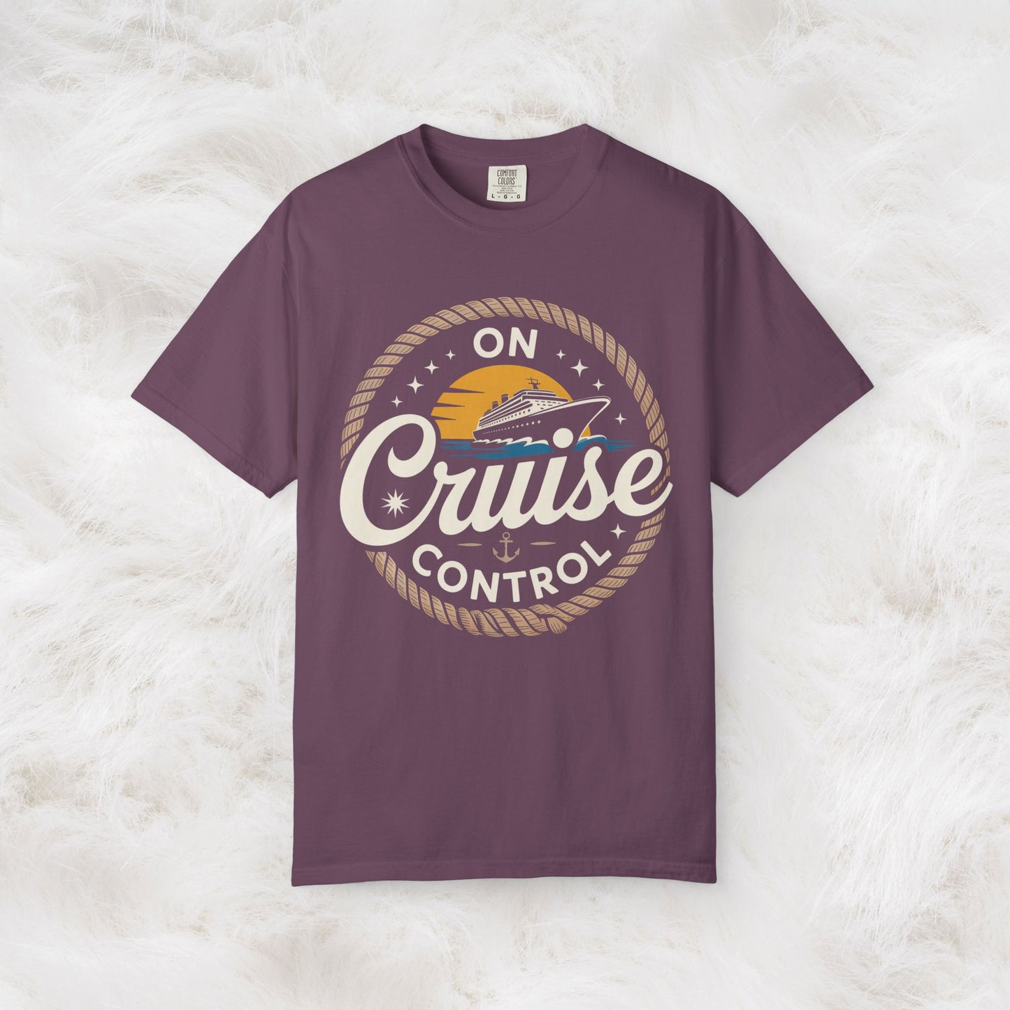 On Cruise Control T-Shirt | Nautical Rope Sunset Graphic Travel Vacation Tee